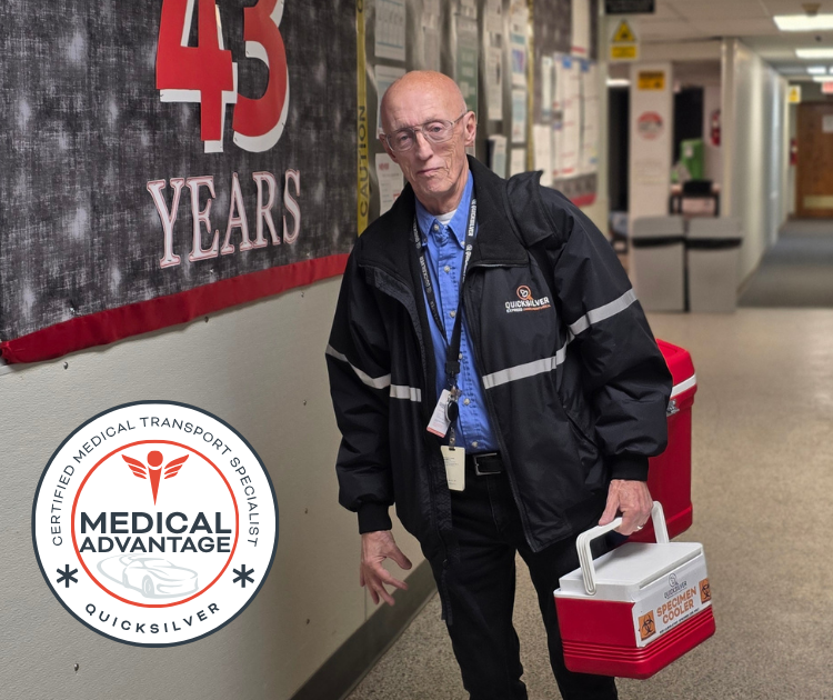 Quicksilver Medical Advantage Logo with a medical courier carrying medical specimen coolers